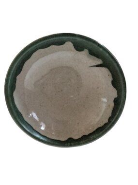Studio Pottery Rice Bowl Heavy Green Gray Rustic Stoneware Primitive Drip Glaze